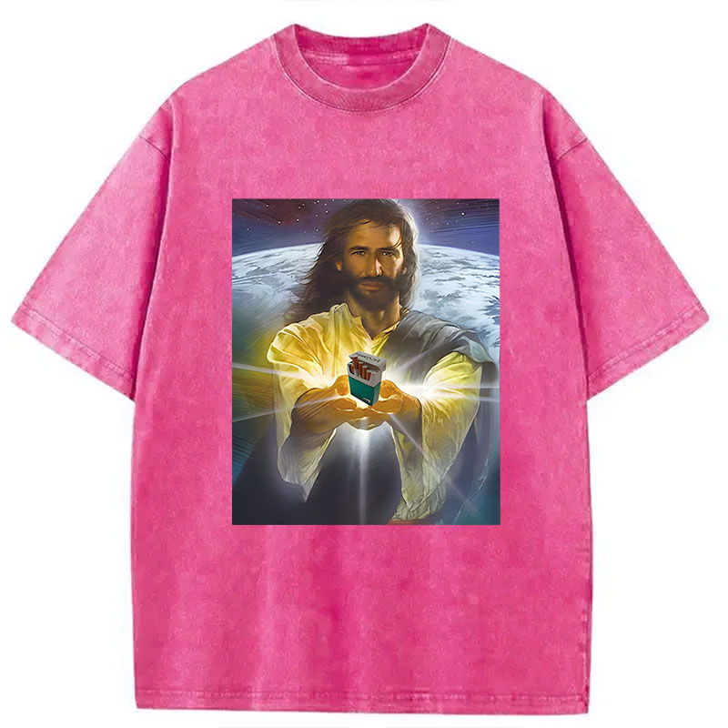Modecanvas Jesus Holding Cigarettes DTG Printing Washed T-Shirt