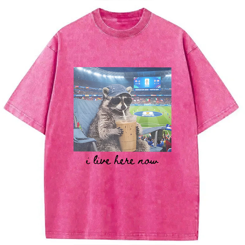 Modecanvas I Live Here Now Raccoon DTG Printing Washed T-Shirt