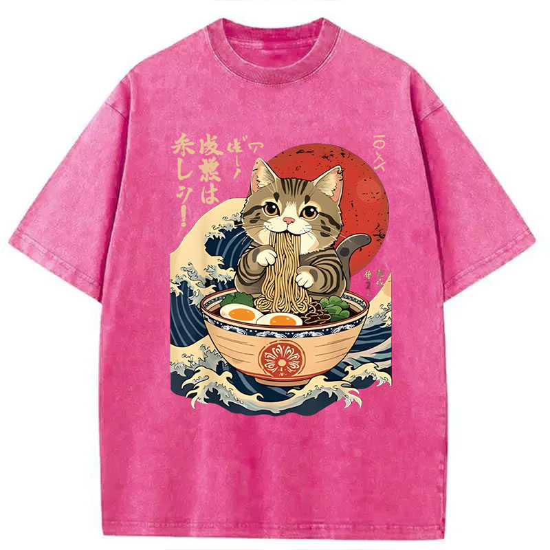 Modecanvas Cat Eating Ramen Noodles DTG Printing Washed T-Shirt