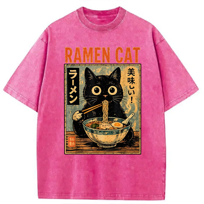 Modecanvas Funny Cat Ramen DTG Printing Washed T-Shirt