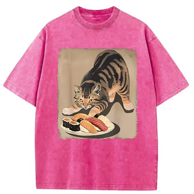 Modecanvas Kawaii Cat Eating Sushi DTG Printing Washed T-Shirt