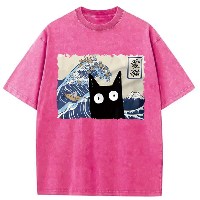 Modecanvas Kawaii Cat Japanese Wave DTG Printing Washed T-Shirt
