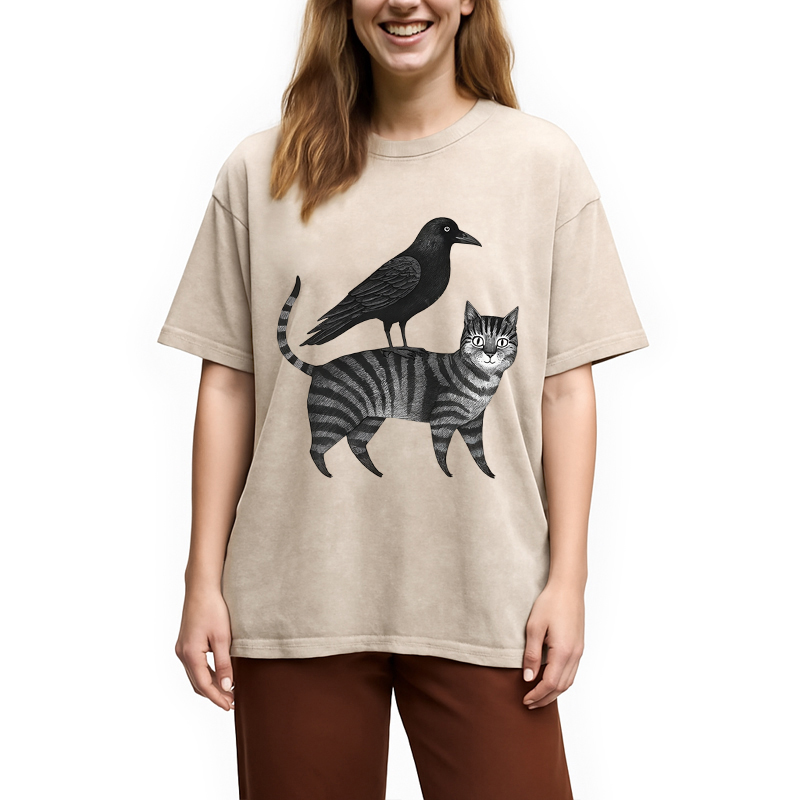 Modecanvas Crow Riding A Cat Washed T-Shirt