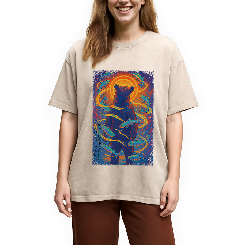 Modecanvas Ukiyoe Bear and Fish Vintage Poster Washed T-Shirt