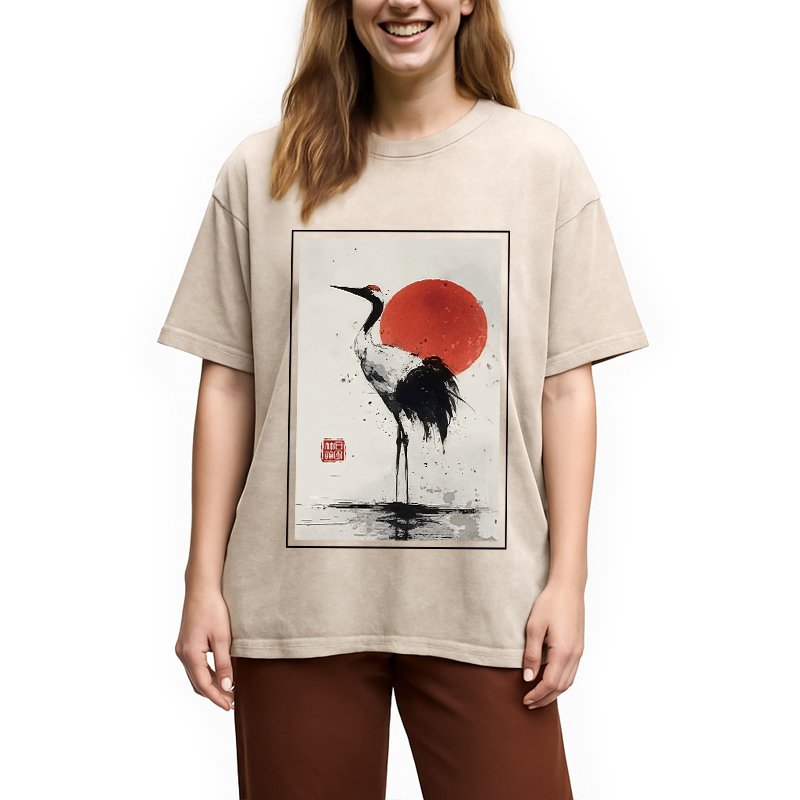 Modecanvas Retro Japanese Red-crowned Crane Washed T-Shirt