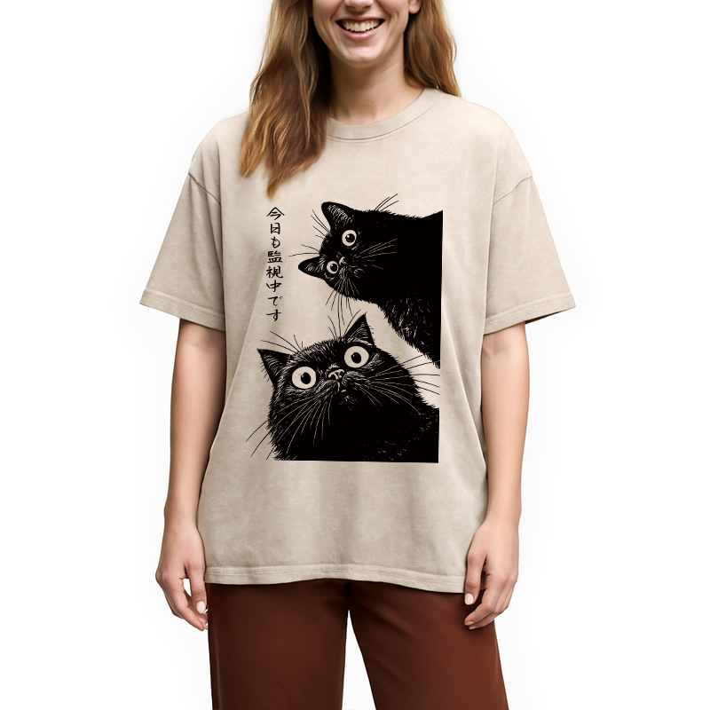 Modecanvas The Cat is Watching Today Washed T-Shirt
