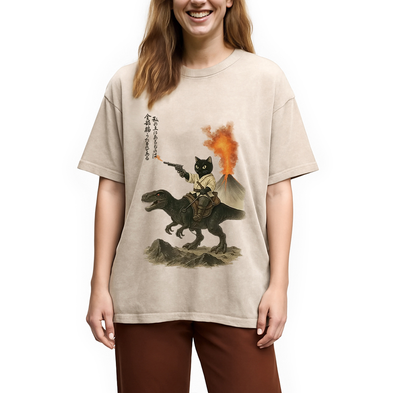 Modecanvas Cat Riding A Dinosaur Washed T-Shirt