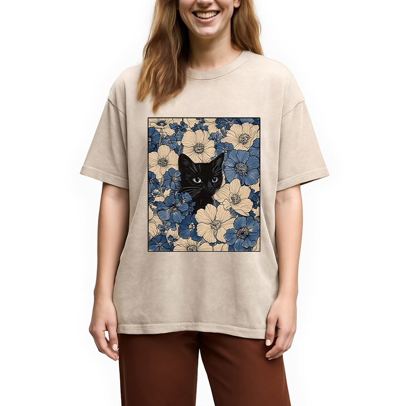 Modecanvas Cat In The Flowers Washed T-Shirt