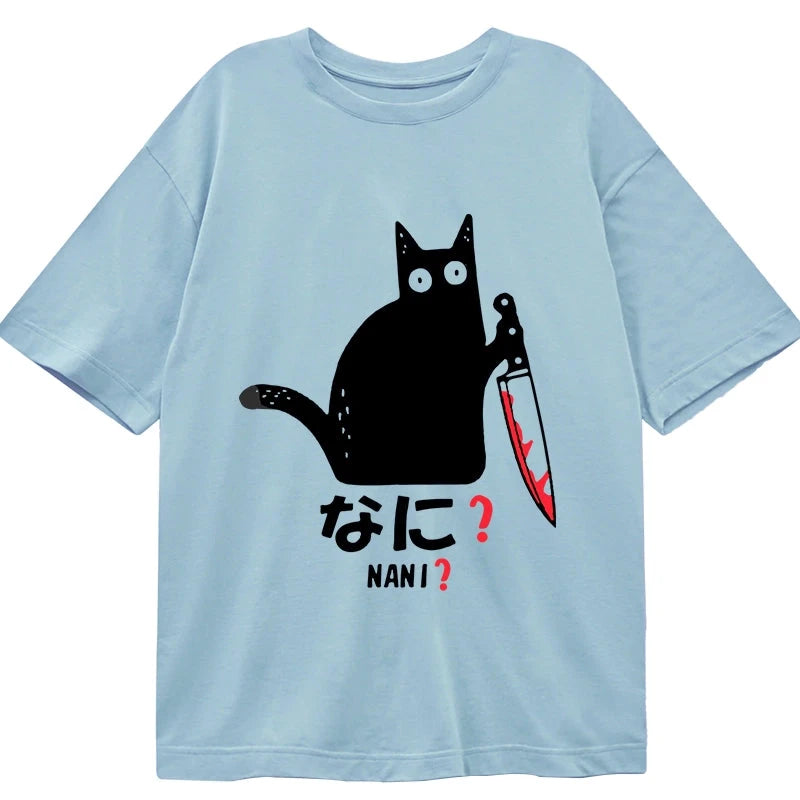 Modecanvas A Puzzled Cat Holding A Knife DTG Printing Classic T-Shirt-modecanvas