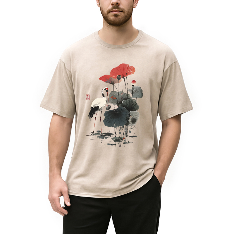 Modecanvas White Crane Among Lotus DTG Printing Washed T-Shirt