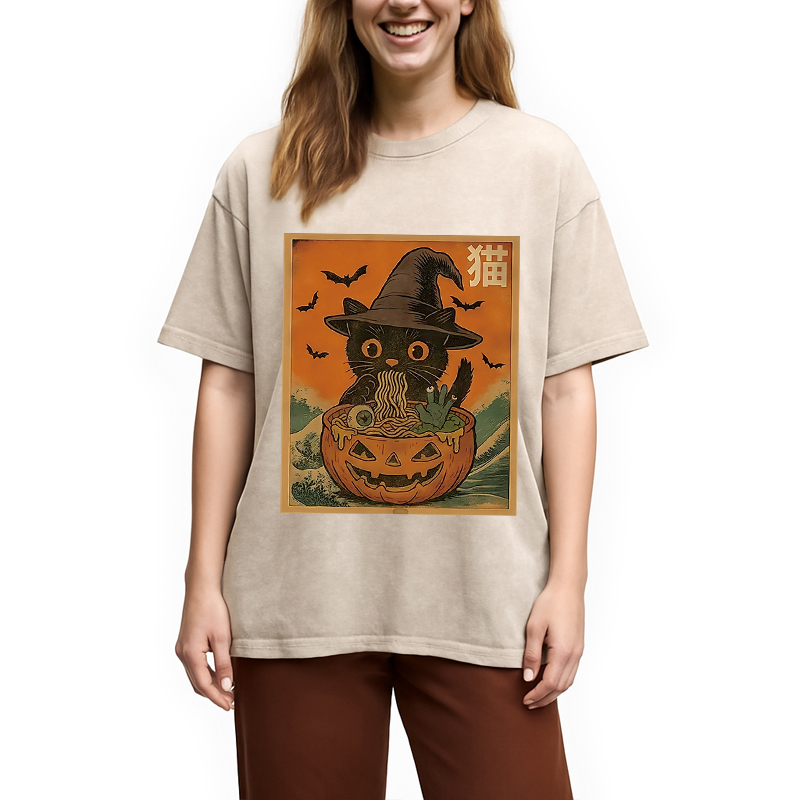 Modecanvas Halloween Cat Eating Ramen Washed T-Shirt