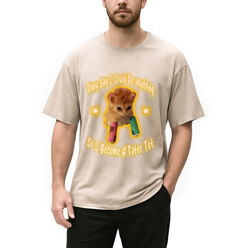 Modecanvas Tater Tot Cat Funny Meme Washed T-Shirt