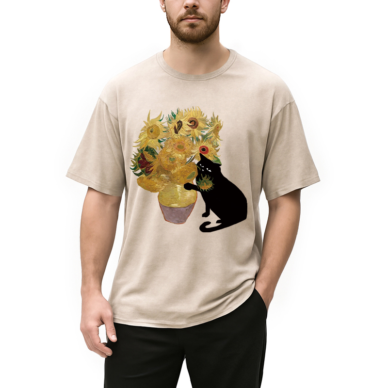 Modecanvas Cat Stealing Flowers Washed T-Shirt