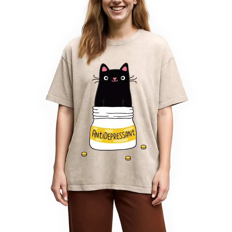 Modecanvas Cute Cat Antidepressant Funny Meme Washed T-Shirt