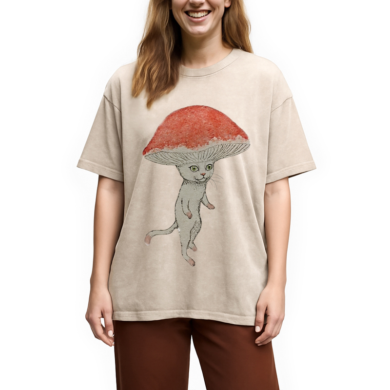 Modecanvas Magic Mushroom Cat Washed T-Shirt