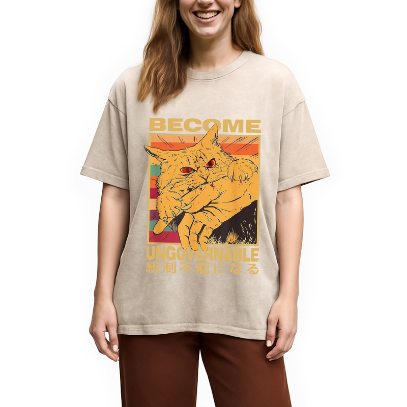 Modecanvas Become Ungovernable Funny Japanese Cat Bite Washed T-Shirt
