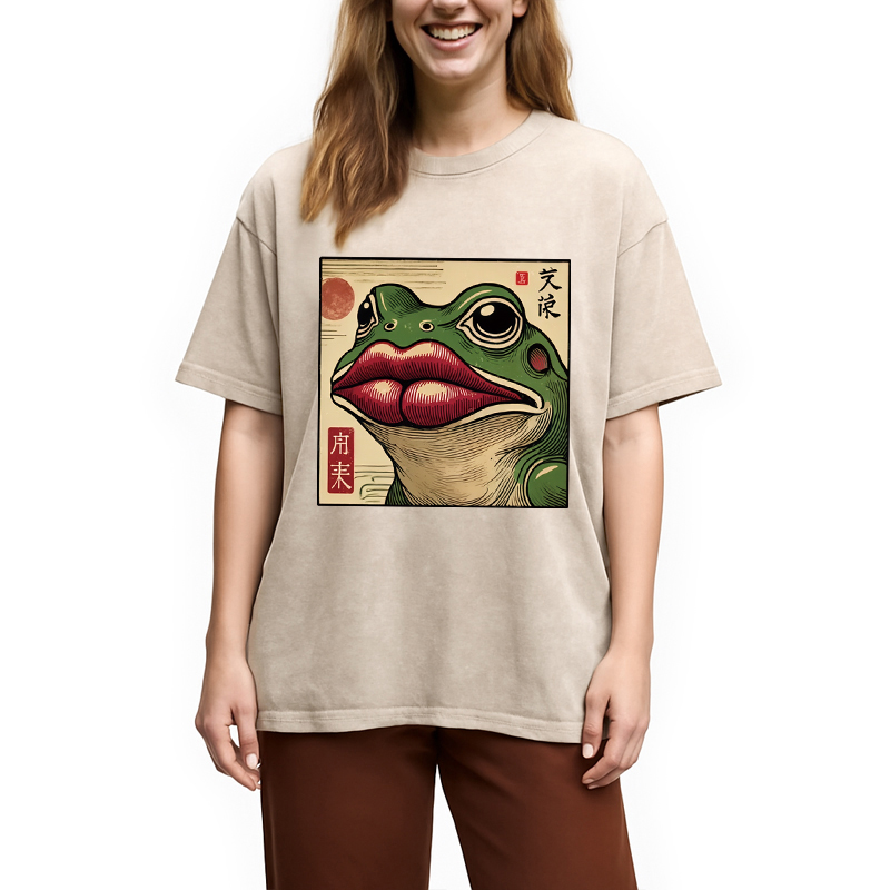 Modecanvas Funny Japanese Ukiyo-e Frog Washed T-Shirt