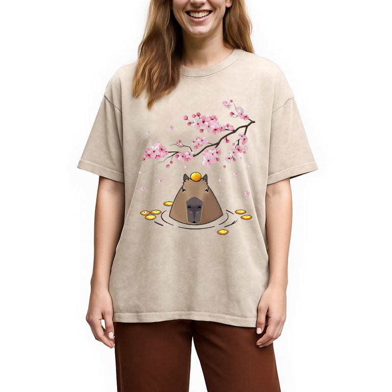 Modecanvas Sakura Cherry Blossom Japanese Washed T-Shirt