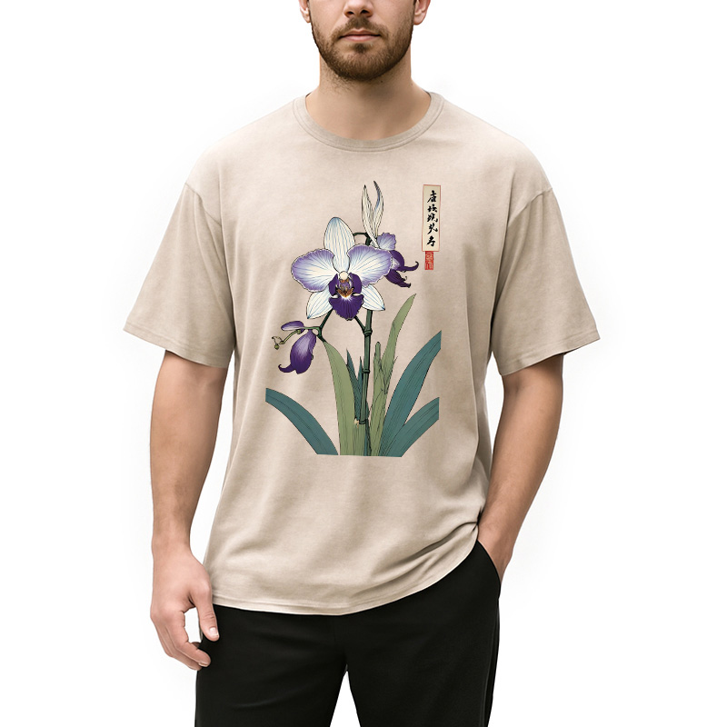 Modecanvas Orchid Ukiyo-e Japanese Washed T-Shirt