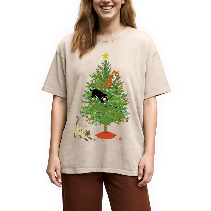 Modecanvas Cats Playing On The Christmas Tree Washed T-Shirt