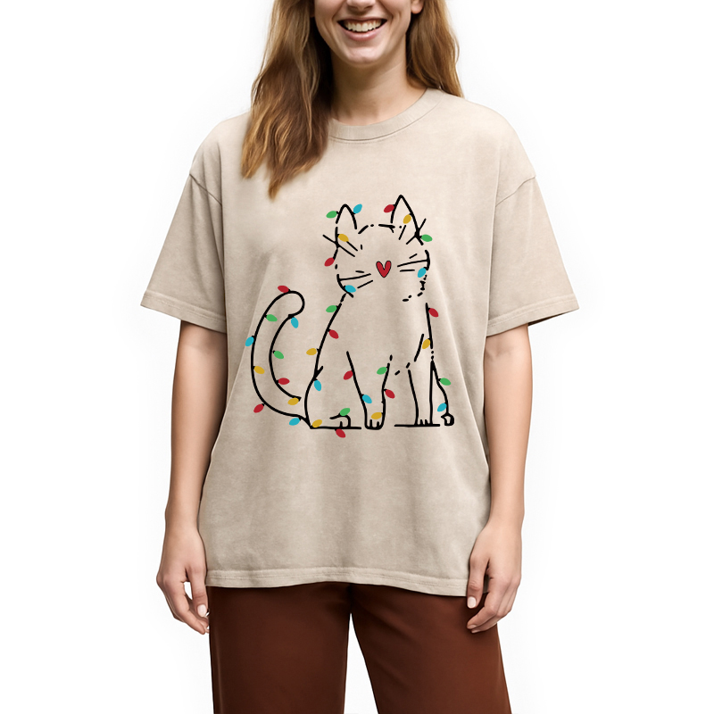 Modecanvas Japan Christmas Lights Cat Washed T-Shirt