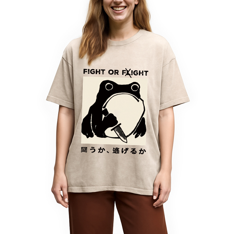 Modecanvas Fight Or Flight Funny Frog Japanese Washed T-Shirt