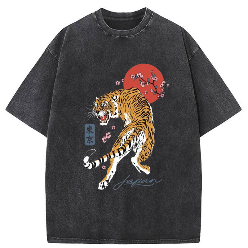 Modecanvas Tiger Blossom Japanese Sakura Washed T-Shirt-modecanvas