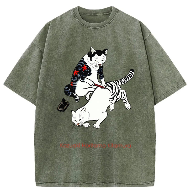 Modecanvas The Cat Is Tattooing Washed T-Shirt