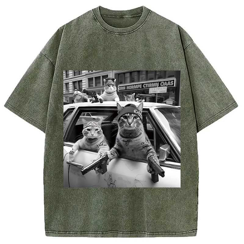 Modecanvas Funny Gangster Cats DTG Printing Washed T-Shirt-modecanvas