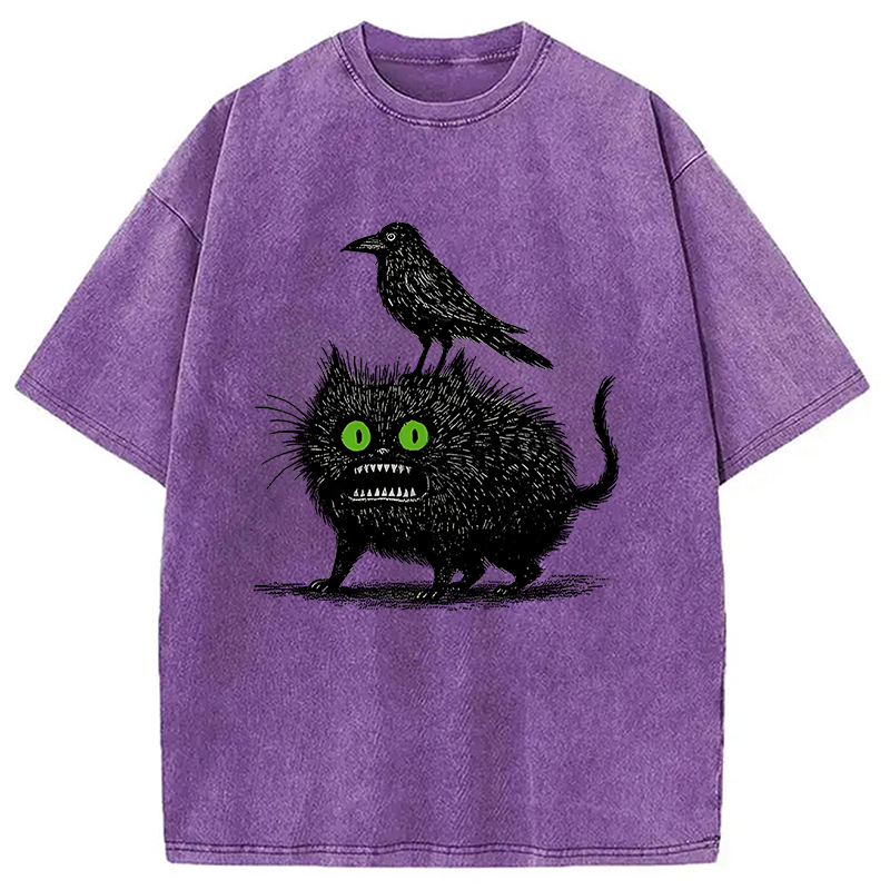 Modecanvas Crow And Black Cat Washed T-Shirt