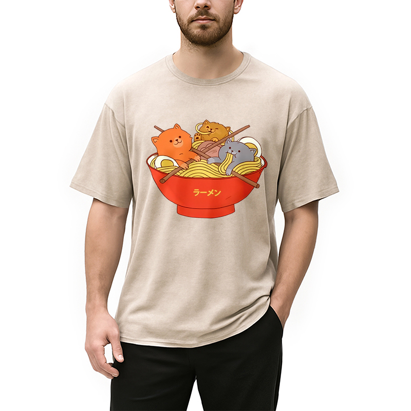 Modecanvas Cute Cat Ramen Washed T-Shirt