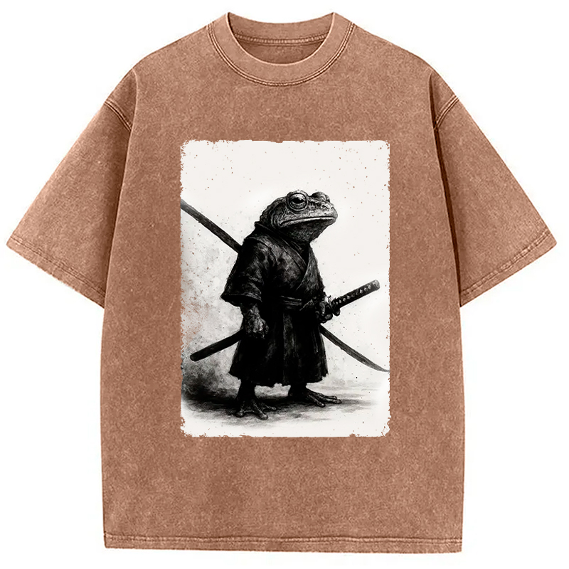 Modecanvas Retro Frog Samurai Japanese Washed T-Shirt