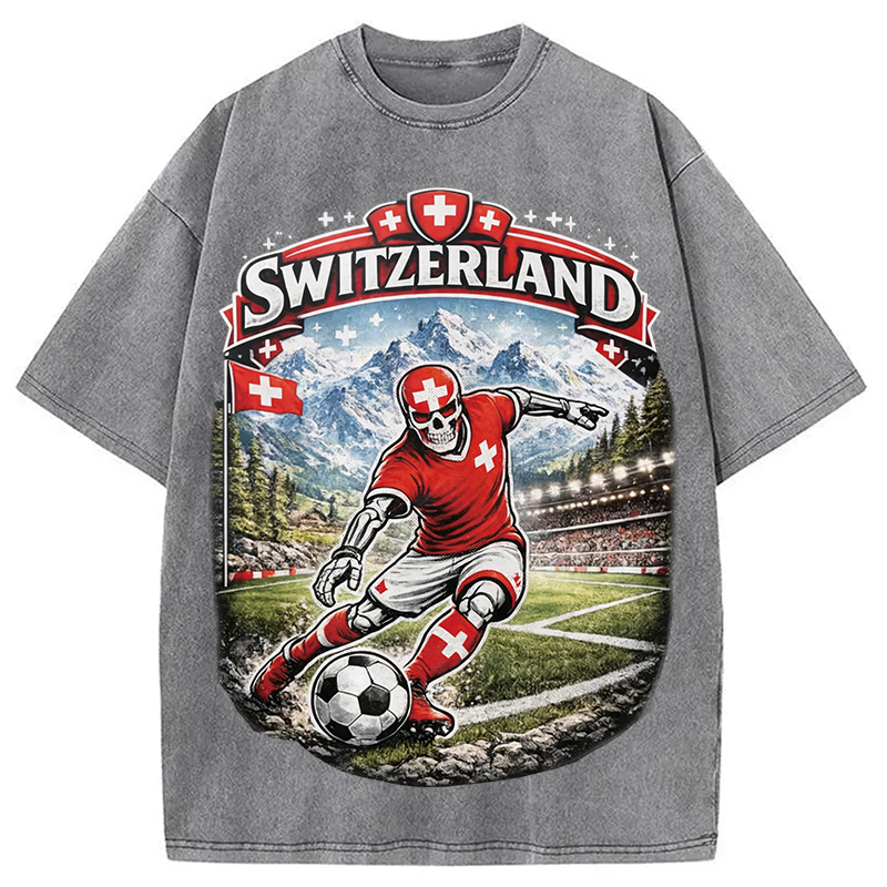 Modecanvas Switzerland Soccer Skull DTG Printing Washed T-Shirt
