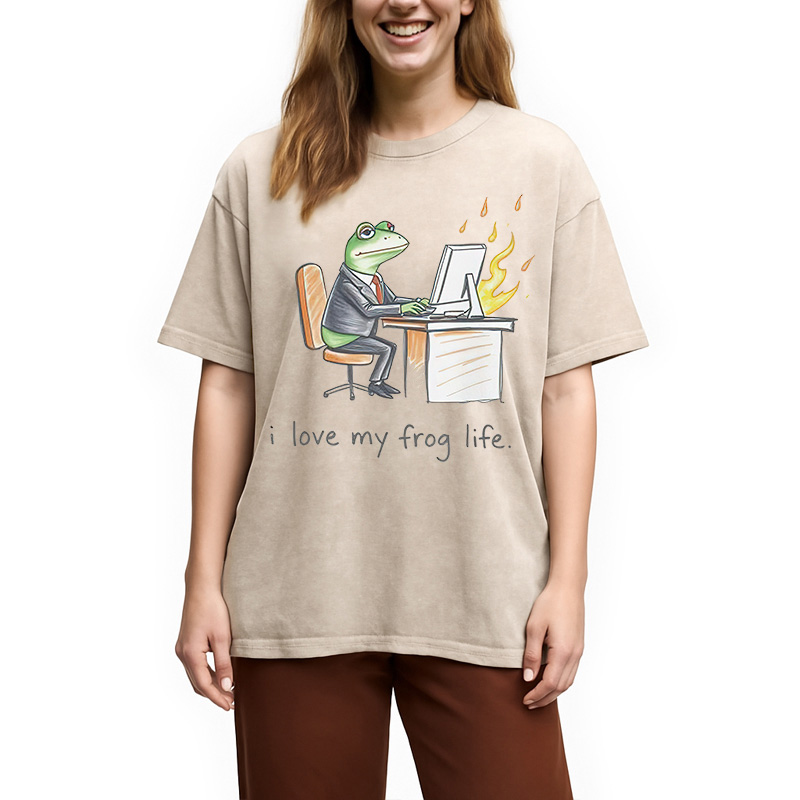 Modecanvas Office Burnout Funny Frog Meme Washed T-Shirt