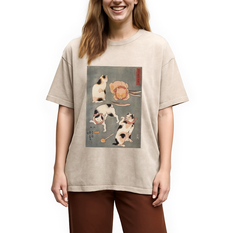 Modecanvas Japanese Four Cats Ukiyo-e Washed T-Shirt