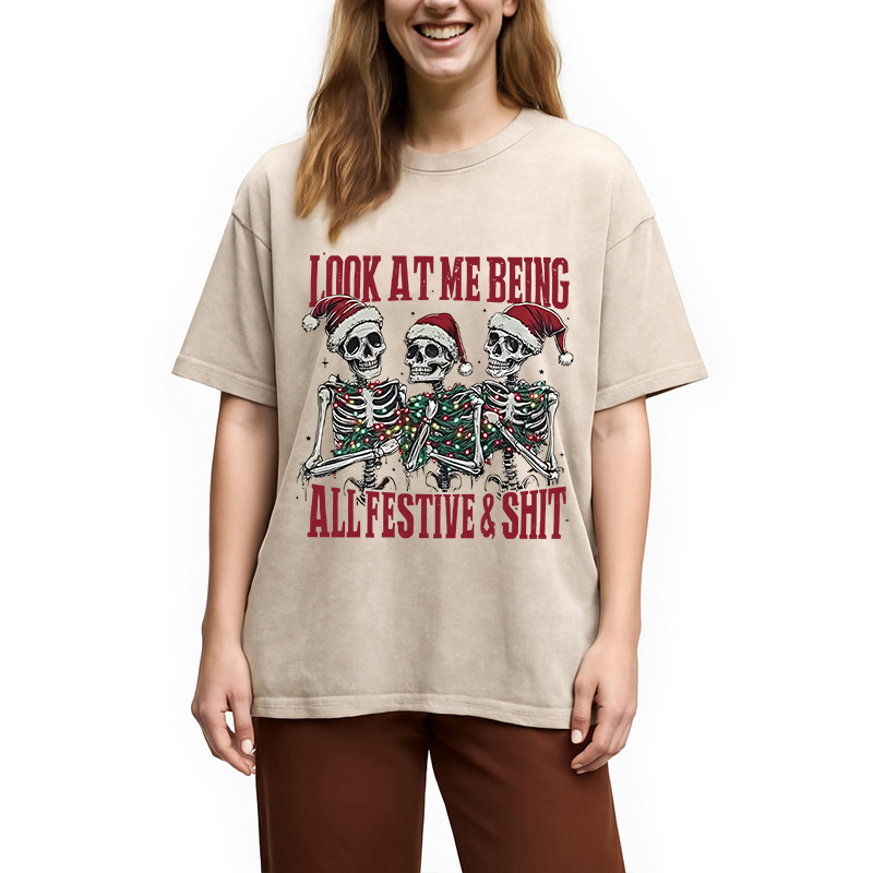 Modecanvas Funny Christmas Skull Washed T-Shirt