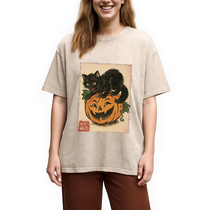 Modecanvas Black Cat And Pumpkin Washed T-Shirt