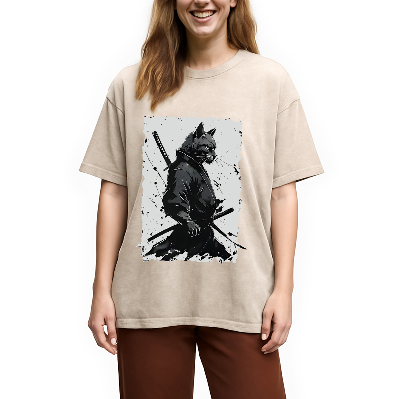 Modecanvas Handsome Samurai Cat Washed T-Shirt