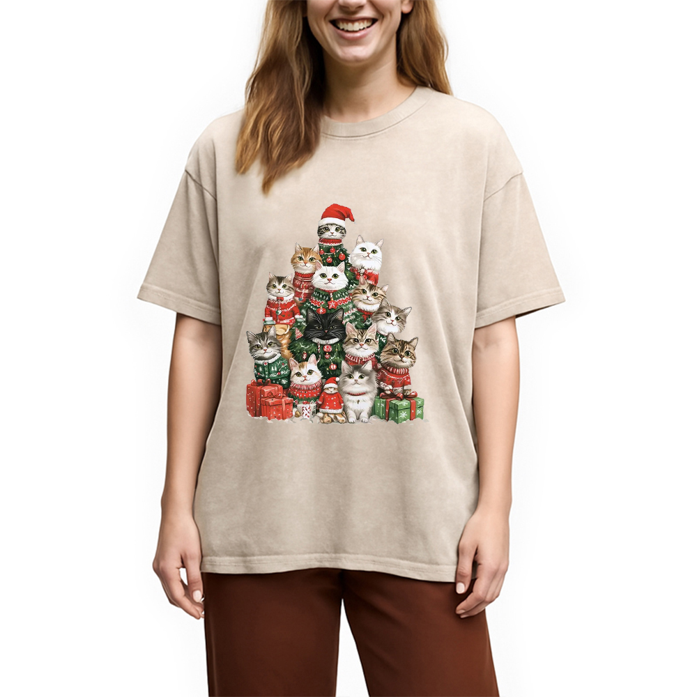 Modecanvas Christmas Cat Tree Washed T-Shirt