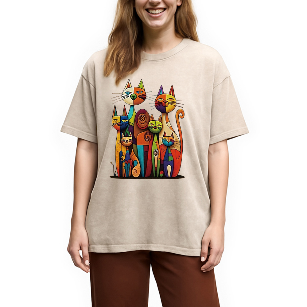 Modecanvas The Da Vinci Cat Family Washed T-Shirt