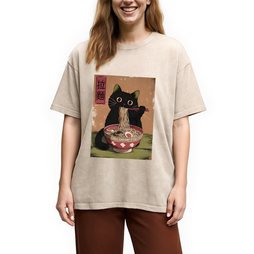 Modecanvas Vintage Japanese Cat Washed T-Shirt
