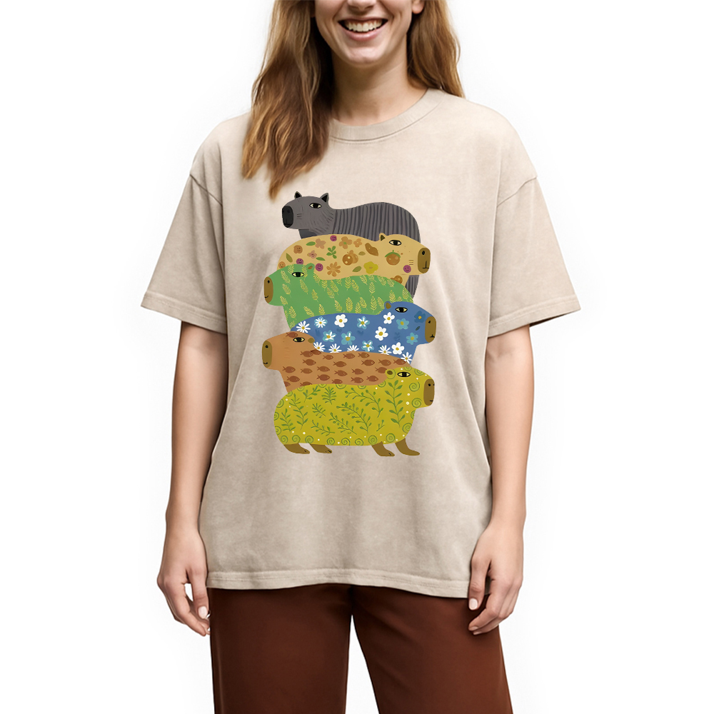 Modecanvas Colorful Capybaras Washed T-Shirt