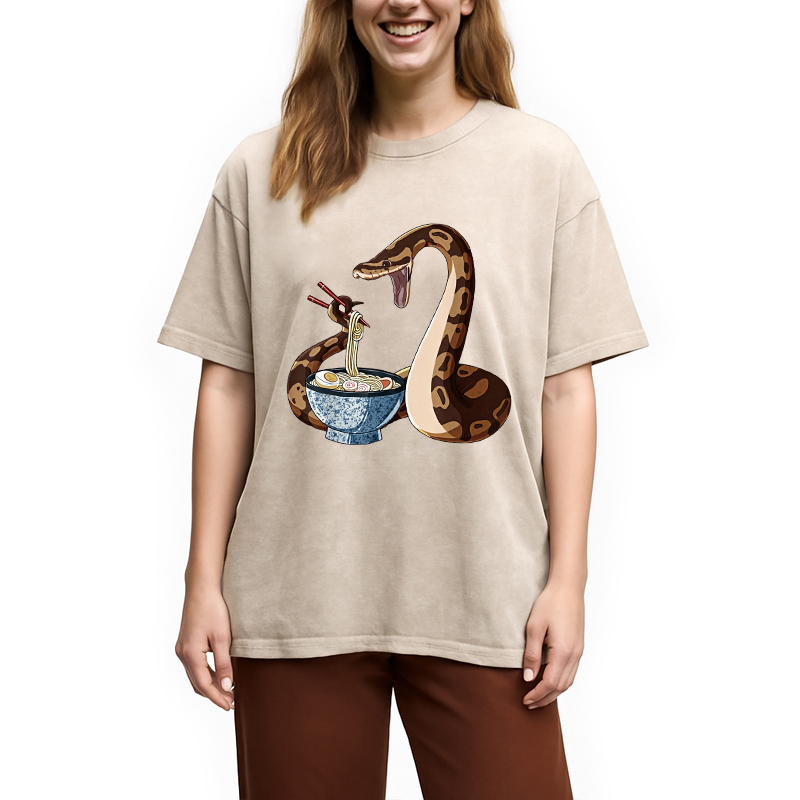 Modecanvas Japanese Kawaii Ramen Snake Funny Washed T-Shirt