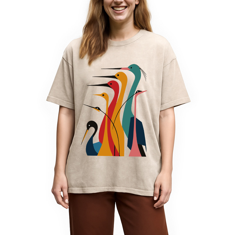 Modecanvas Various Types Of Cranes Washed T-Shirt