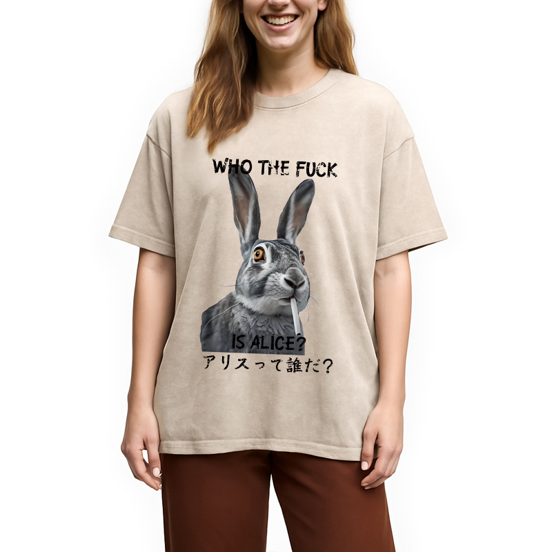 Modecanvas Who The Fvck Is Alice Funny Rabbit Smoking Washed T-Shirt