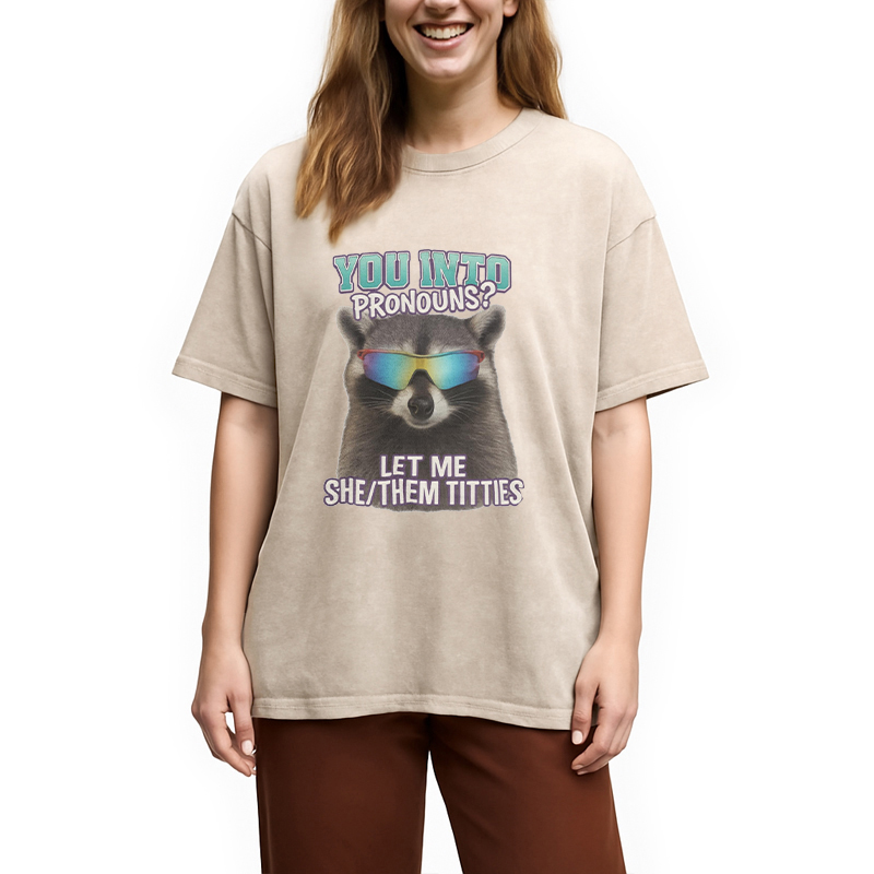 Modecanvas You Into Pronouns? Let Me She/Them Titt*es Raccoon DTG Printing Washed T-Shirt
