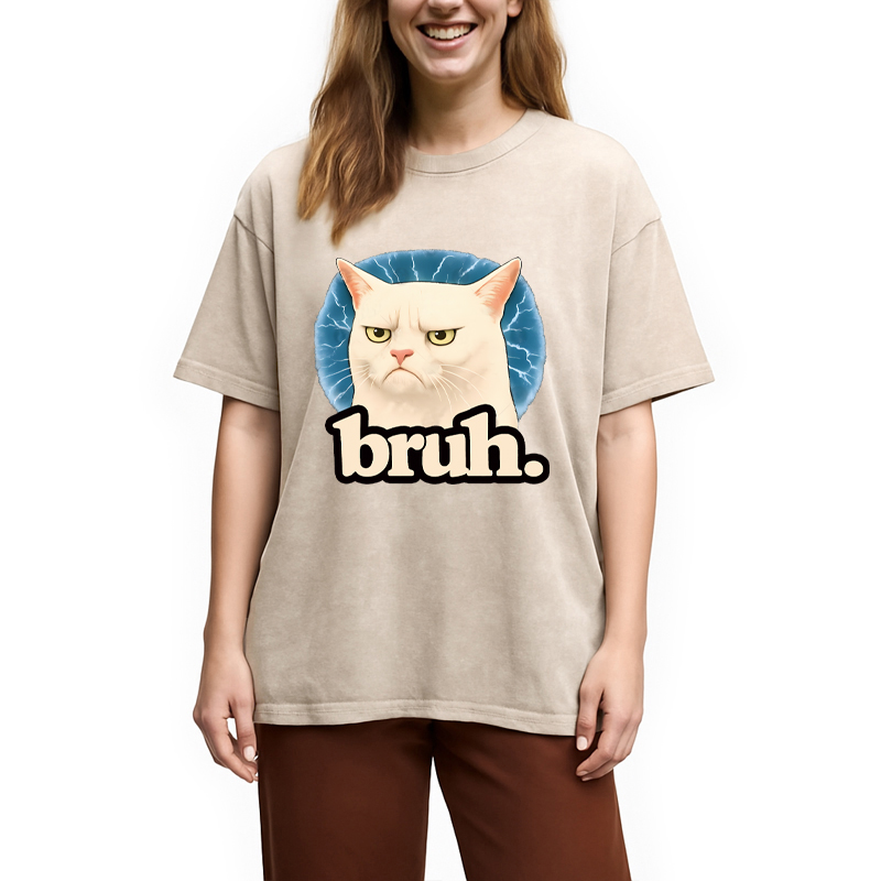 Modecanvas Bruh Cat Meme DTG Printing Washed T-Shirt