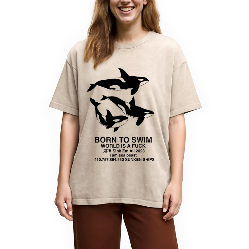 Modecanvas Born To Swim Meme DTG Printing Washed T-Shirt
