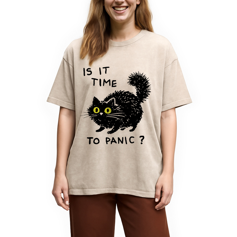 Modecanvas Is It Time to Panic Cat DTG Printing Washed T-Shirt