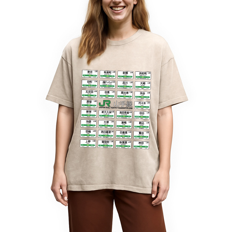 Modecanvas Yamanote Line Train Stations All DTG Printing Washed T-Shirt